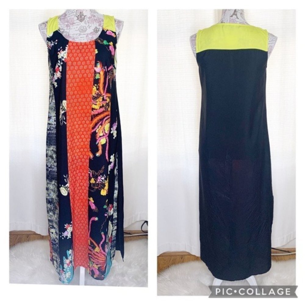 Citron Floral Sleeveless Dress Medium Unlined, mixed media Front slit Maxi